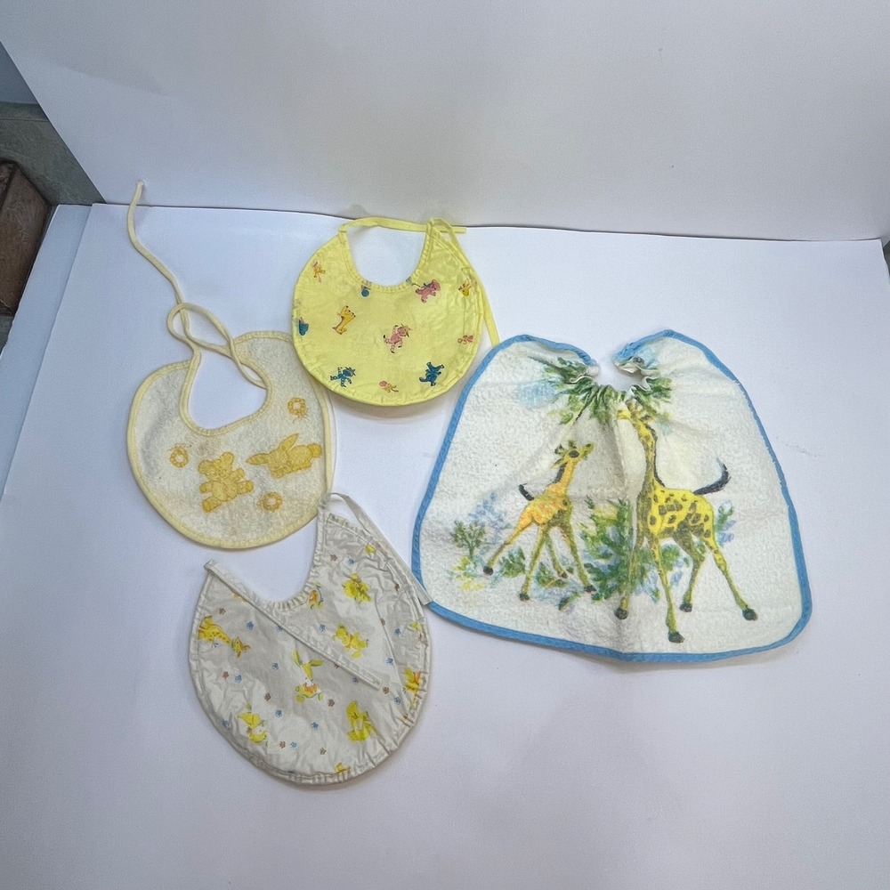 Vintage Carters Baby Bibs Lot 4 Giraffe Bear Bunny Yellow Blue Terry Cloth Vinyl